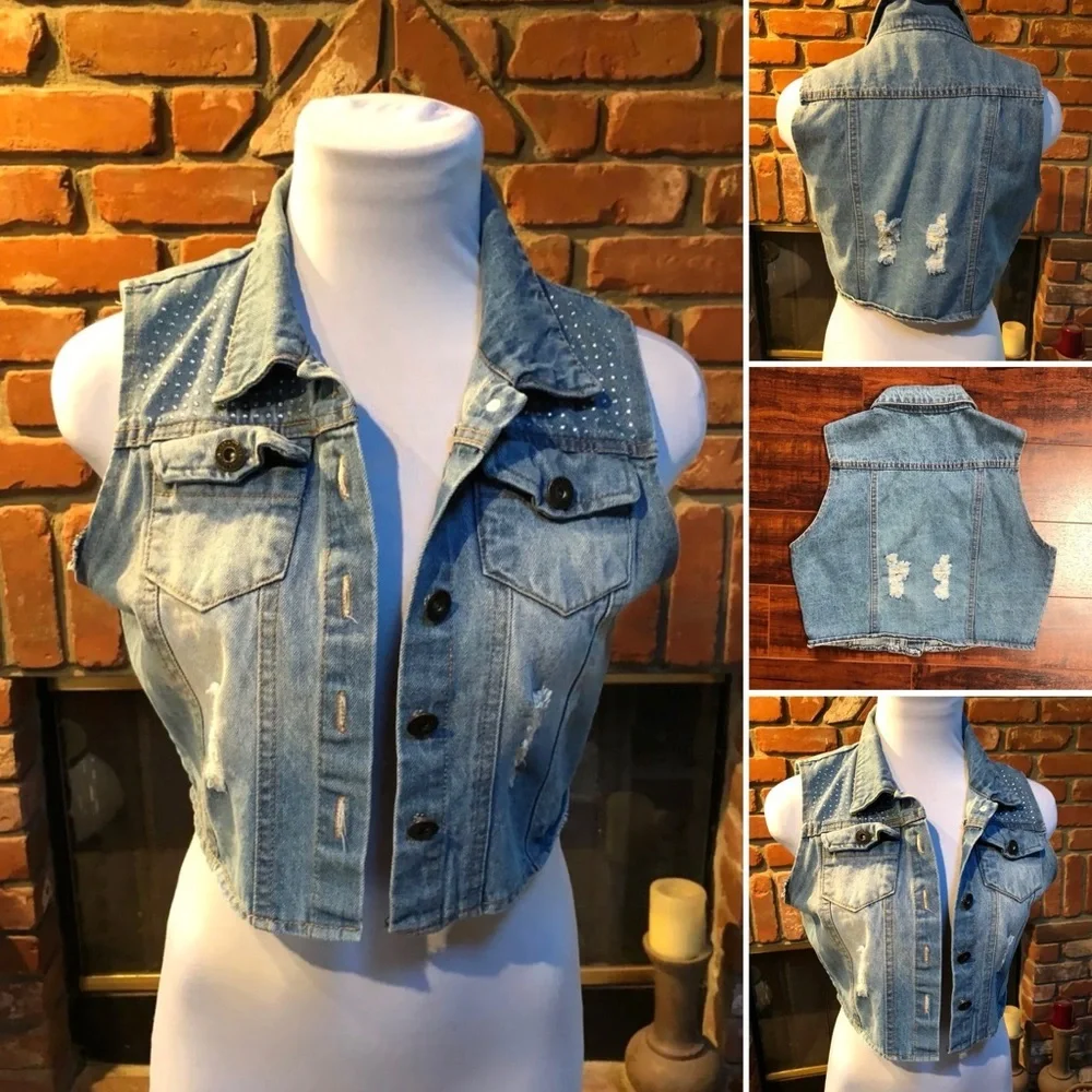 Light Blue Destroyed Cropped Jean Vest Top